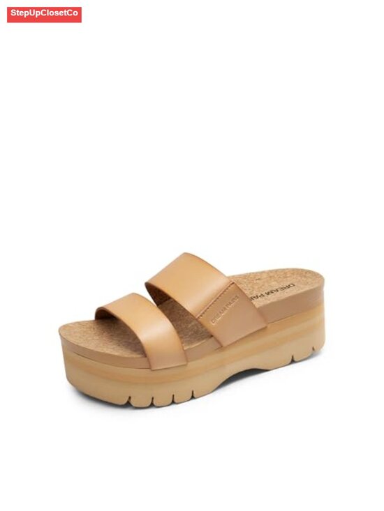Shoes - Platform Slide Sandals with Arch Support and Cushioned Cork Footbed